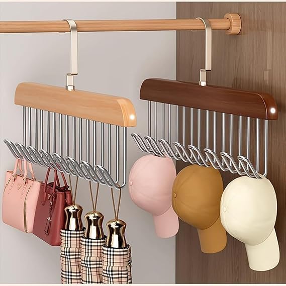 8 Hooks Wooden Hangers- space saving with steel hooks ( Pack of 2 Pcs ).f