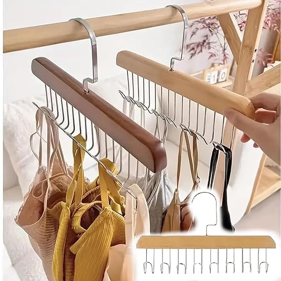8 Hooks Wooden Hangers- space saving with steel hooks ( Pack of 2 Pcs ).f