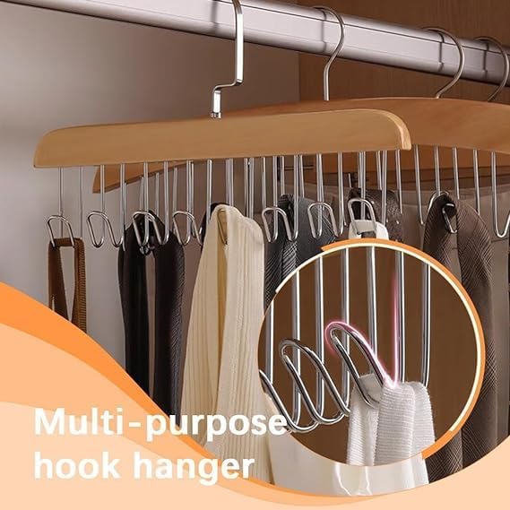 8 Hooks Wooden Hangers- space saving with steel hooks ( Pack of 2 Pcs ).f