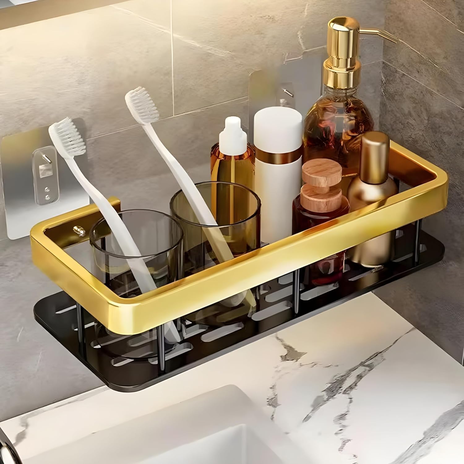 JUVIO Multipurpose Self-Adhesive Bathroom Corner Shelf Rack Bathroom Corner (Pack of 2, Gold)