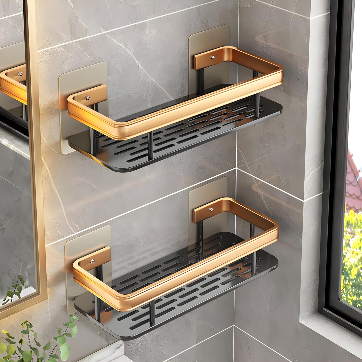JUVIO Multipurpose Self-Adhesive Bathroom Corner Shelf Rack Bathroom Corner (Pack of 2, Gold)