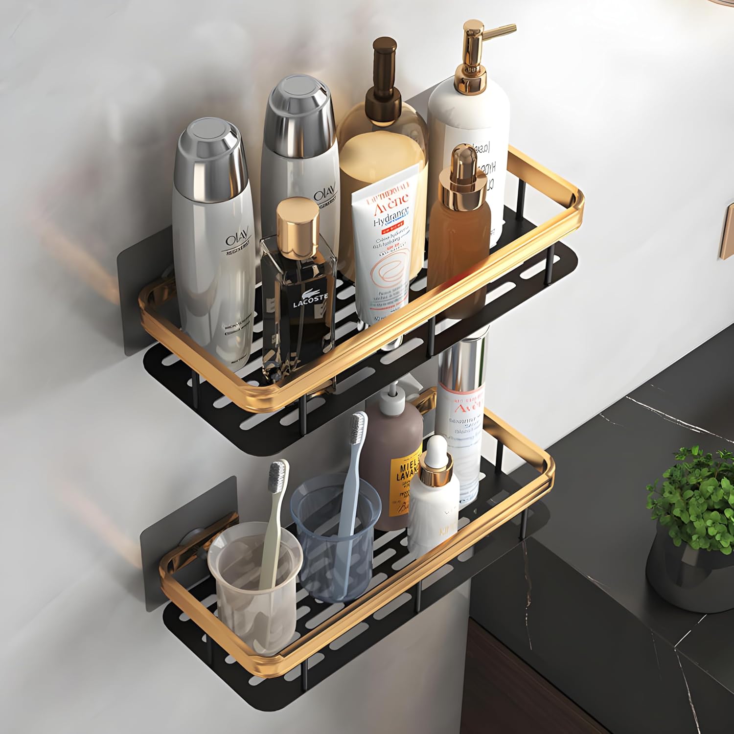 JUVIO Multipurpose Self-Adhesive Bathroom Corner Shelf Rack Bathroom Corner (Pack of 2, Gold)
