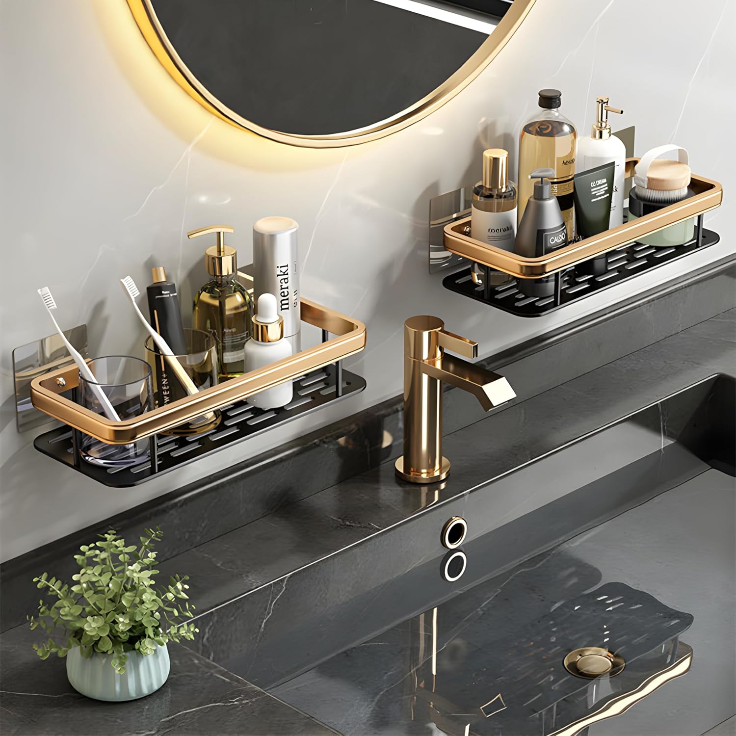 JUVIO Multipurpose Self-Adhesive Bathroom Corner Shelf Rack Bathroom Corner (Pack of 2, Gold)