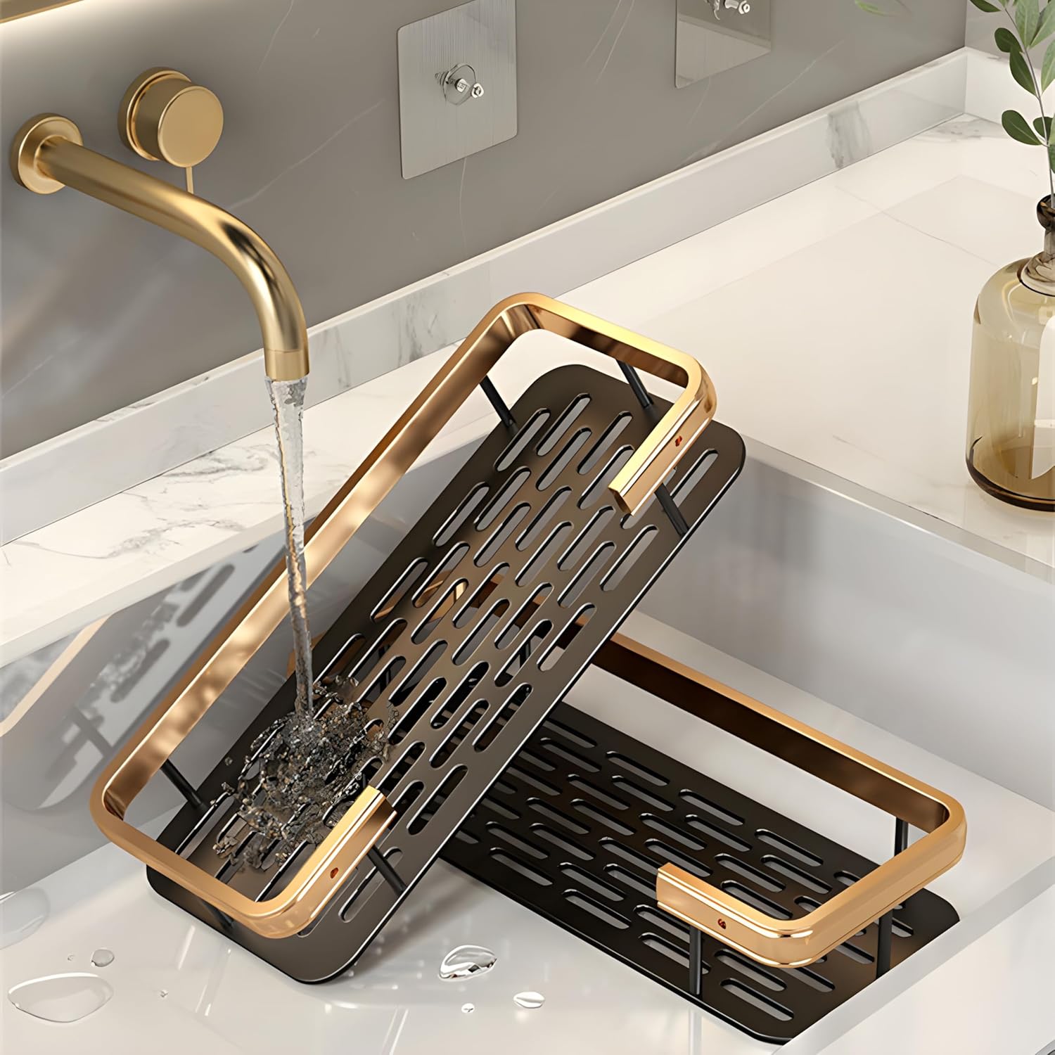 JUVIO Multipurpose Self-Adhesive Bathroom Corner Shelf Rack Bathroom Corner (Pack of 2, Gold)