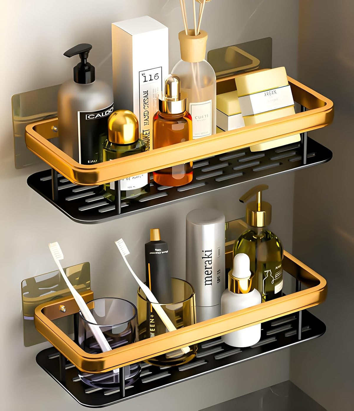 JUVIO Multipurpose Self-Adhesive Bathroom Corner Shelf Rack Bathroom Corner (Pack of 2, Gold)