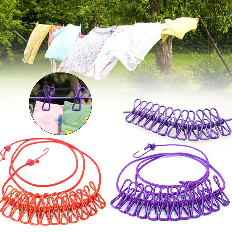 Cloth Drying Rope -with attached hooks & 12 clips